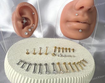 Stud Earrings Clear Gem Flat Disc Back Labret Gold Silver Tragus Helix Piercing Screw On Internally Threaded 316L Rook Lobe Snug Cartilage