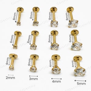 Cartilage Earrings Gold Stud Clear Gem Flat Disc Back Tragus Nose Helix Labret Piercing Screw On Internally Threaded Dahlia Rook Lobe Snug image 8