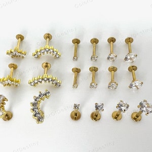 Cartilage Earrings Gold Stud Clear Gem 6mm 8mm Flat Disc Back Tragus Nose Helix Labret Piercing Screw On Medusa Stainless Steel Snug 16G image 7