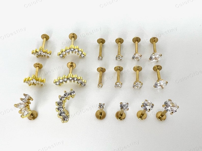 Cartilage Earrings Gold Stud Clear Gem 6mm 8mm Flat Disc Back Tragus Nose Helix Labret Piercing Screw On Medusa Stainless Steel Snug 16G image 7