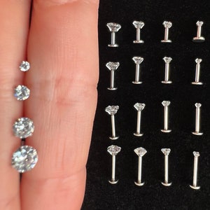 Cartilage Earrings Stud Clear Gem Flat Disc Back Tragus Nose Helix Labret Piercing Screw On Front Clear Zircon Stainless Steel Silver Lobe