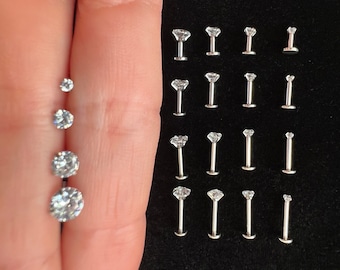Cartilage Earrings Stud Clear Gem Flat Disc Back Tragus Nose Helix Labret Piercing Screw On Front Clear Zircon Stainless Steel Silver Lobe
