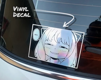 Heh Cute Anime Girl Peeker Sticker Decal | Black, White, Pink & Opalescent Metallic Bumper Sticker
