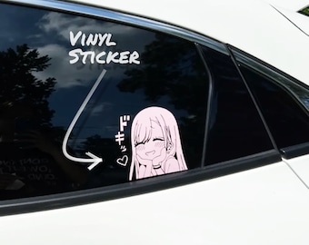 Cute Blushing Anime Girl Peeker Sticker Decal | Black, White, Pink & Opalescent Metallic Bumper Sticker