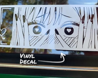 Embarrassed Blushing Heart Eyes Anime Girl Peeker Sticker Decal | Black, White, Pink & Opalescent Metallic Bumper Sticker