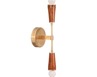 2 leichte Holz handgemachte Vintage Wand Mid Century Modern Rohmessing Sputnik Kronleuchter Leuchte