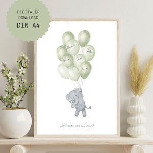 Gästebild Babyparty Ballons zum Beschriften |Elefant |Junge Mädchen|Alternatives Gästebuch Gastgeschenk Baby Shower Poster Geburt Eukalyptus