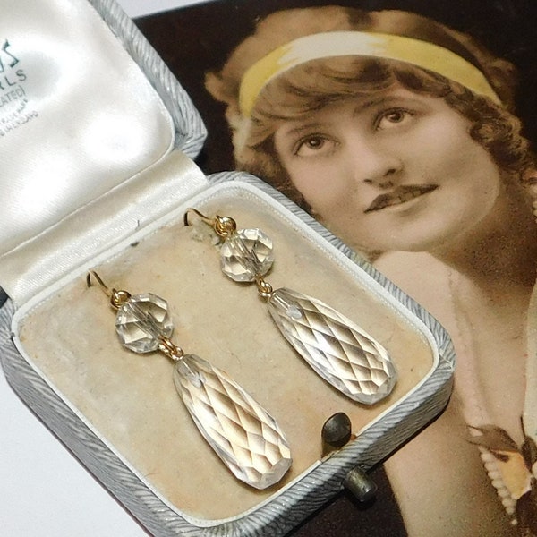 9ct Yellow Gold Art Deco Rock Crystal Drop Earrings – Vintage Faceted Quartz Hooks