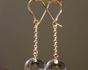 BEAUTIFUL! 9ct 9k Gold 375 Rock Crystal Pools of Light Orb Long Drop Hook Earrings Antique Vintage Art Deco Style Wedding Birthday Gift