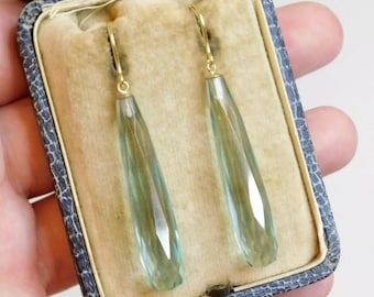 SALE! Long 9ct 375 Gold Aquamarine Blue Aqua Quartz Faceted Torpedo Drop Crystal Hook Earrings Art Deco Edwardian Antique Vintage Style