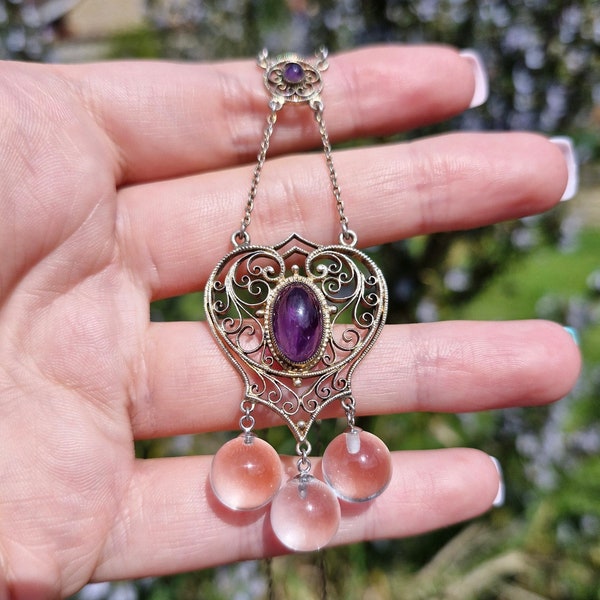 SALE! Magnificent, Antique Victorian Art Nouveau 900 SILVER Amethyst & Pools Of Light Rock Crystal Orb Drop Necklace Arts and Crafts C.1900