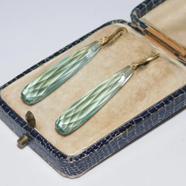 SALE! Long 9ct 375 Gold Aquamarine Blue Aqua Quartz Torpedo Drop Crystal Hook Earrings Art Deco Edwardian Antique Vintage Style Wedding