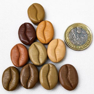 May include: A collection of nine oval-shaped, coffee bean-inspired objects in various shades of brown, ranging from light tan to dark chocolate. A British one-pound coin is positioned to the right for scale, showing its metallic texture and detail.
