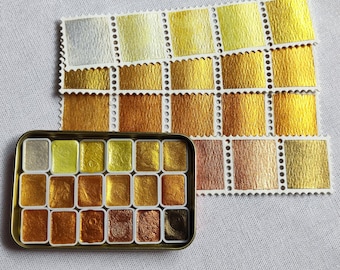18 Gold Metallic Watercolour Mini Pans: Filled Handmade Shimmer Paint Set in Sliding Tin for Calligraphy, Cards & Art