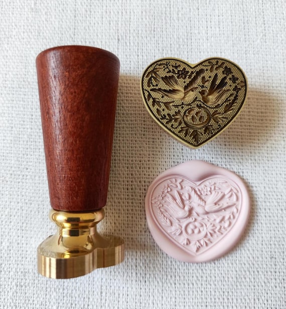 Heart Wax Seal Stamp with Handle, Two Birds and Nest Brass Seal for Wedding Invitations, Love Letters and Spring Stationery