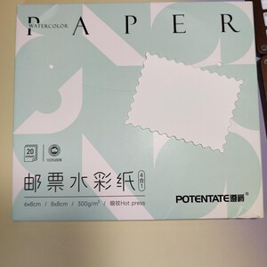 Pu&ograve; includere: Una scatola di carta per acquerello con la parola "PAPER" a lettere grandi. La scatola &egrave; verde chiaro con un ritaglio bianco a forma di francobollo. Il testo sulla scatola include "WATERCOLOR", "20 fogli" e misure di 6x8cm e 8x8cm.
