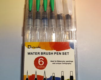 Op de afbeelding: Een set van zes waterbrushpennen in een doorzichtige plastic verpakking. De pennen hebben transparante vaten, groene of witte doppen en verschillende puntmaten. De verpakking bevat de tekst "Water Brush Pen Set" en "6 Sizes".