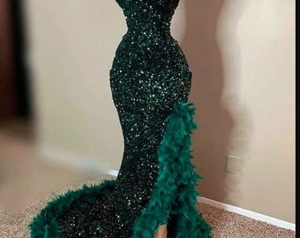 Long Fitted Slit Dress,Prom Dresses, Black Girl Dress, Homecoming Dress, Gift For Her, Wedding Reception Gown, Green Sequins Dress, Feathers