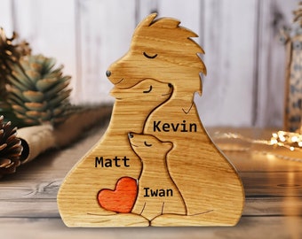 Personalized Wooden Animal Puzzle, Custom Lion Figurines, Customized Wooden Name Lion Family Puzzle, DIY Art Puzzle, Gift for Parents