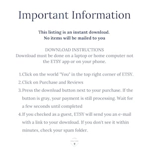 Peut inclure: Informations importantes concernant les t&eacute;l&eacute;chargements instantan&eacute;s pour les produits num&eacute;riques sur Etsy. Le texte explique comment t&eacute;l&eacute;charger le produit sur un ordinateur portable ou un ordinateur de bureau, mais pas sur l'application Etsy ou un t&eacute;l&eacute;phone. Il comprend &eacute;galement des instructions sur la fa&ccedil;on de t&eacute;l&eacute;charger le produit apr&egrave;s l'achat et quoi faire si le bouton de t&eacute;l&eacute;chargement est gris.