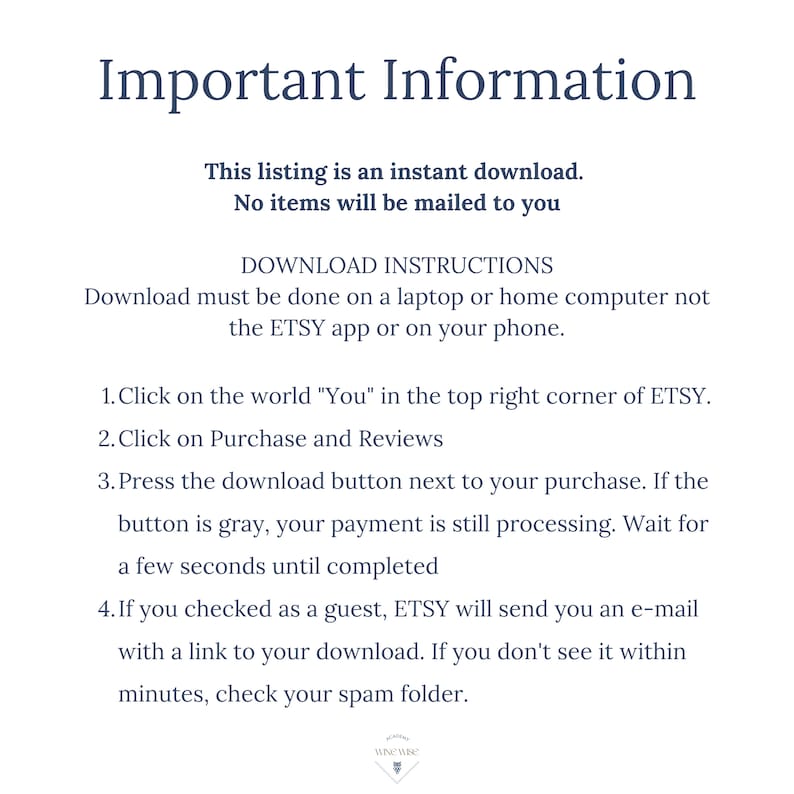 Peut inclure: Informations importantes concernant les t&eacute;l&eacute;chargements instantan&eacute;s pour les produits num&eacute;riques sur Etsy. Le texte explique comment t&eacute;l&eacute;charger le produit sur un ordinateur portable ou un ordinateur de bureau, mais pas sur l'application Etsy ou un t&eacute;l&eacute;phone. Il comprend &eacute;galement des instructions sur la fa&ccedil;on de t&eacute;l&eacute;charger le produit apr&egrave;s l'achat et quoi faire si le bouton de t&eacute;l&eacute;chargement est gris.