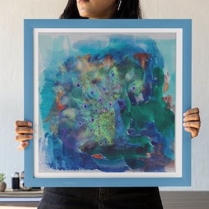 Digital Print from Original Watercolor Painting Peacock Mosaic Wall Art, 3D Effect Artwork, Peacock Lover Gift Canvas Art.