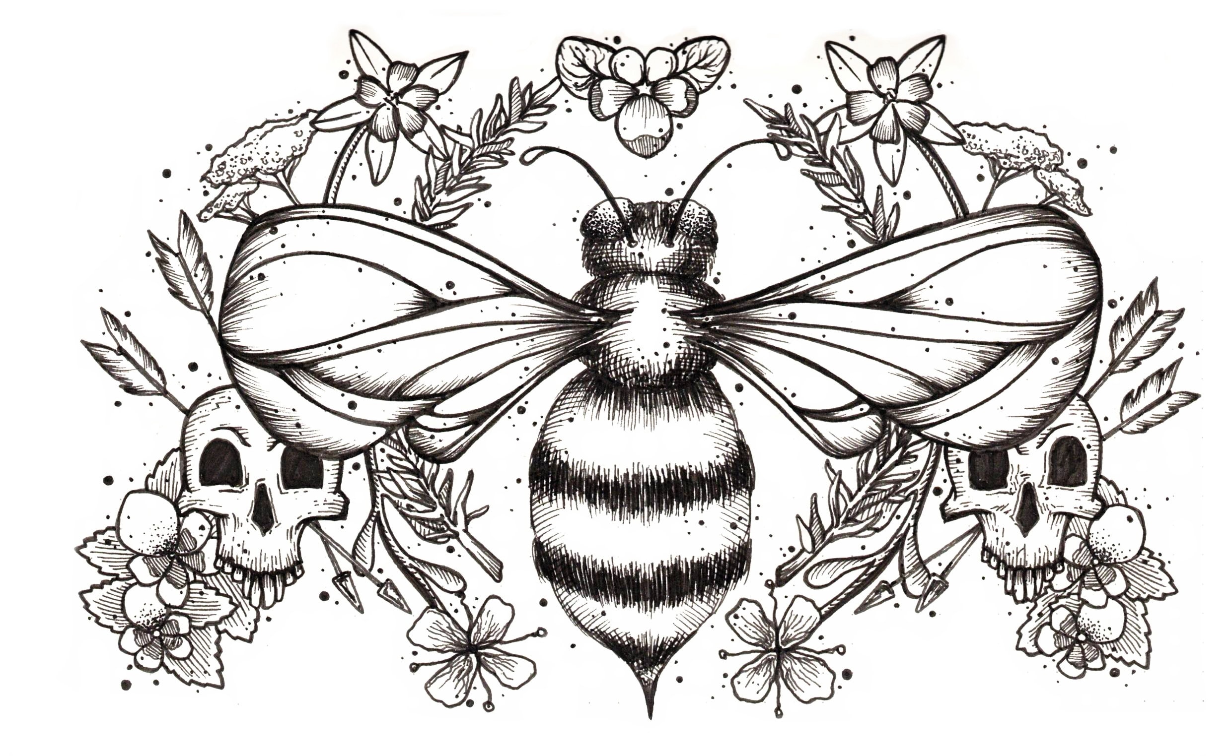 To Bee Adult Coloring Page – Shakespeare-Inspired Bee, Flowers and Skull Printable