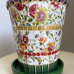 Mosaic Flowerpot: Floral Design, Includes Saucer