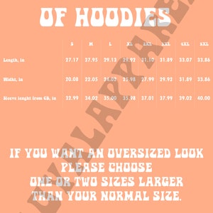 May include: Size chart for hoodies in sizes S through 5XL. The chart shows measurements in inches for length, width, and sleeve length from the center back.