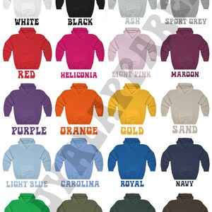 May include: A selection of 18 different colored hoodies. The hoodies are all the same style, with a drawstring hood and a kangaroo pocket. The colors include white, black, ash, sport grey, red, heliconia, light pink, maroon, purple, orange, gold, sand, light blue, carolina, royal, navy, Irish green, military, forest, and dark chocolate.