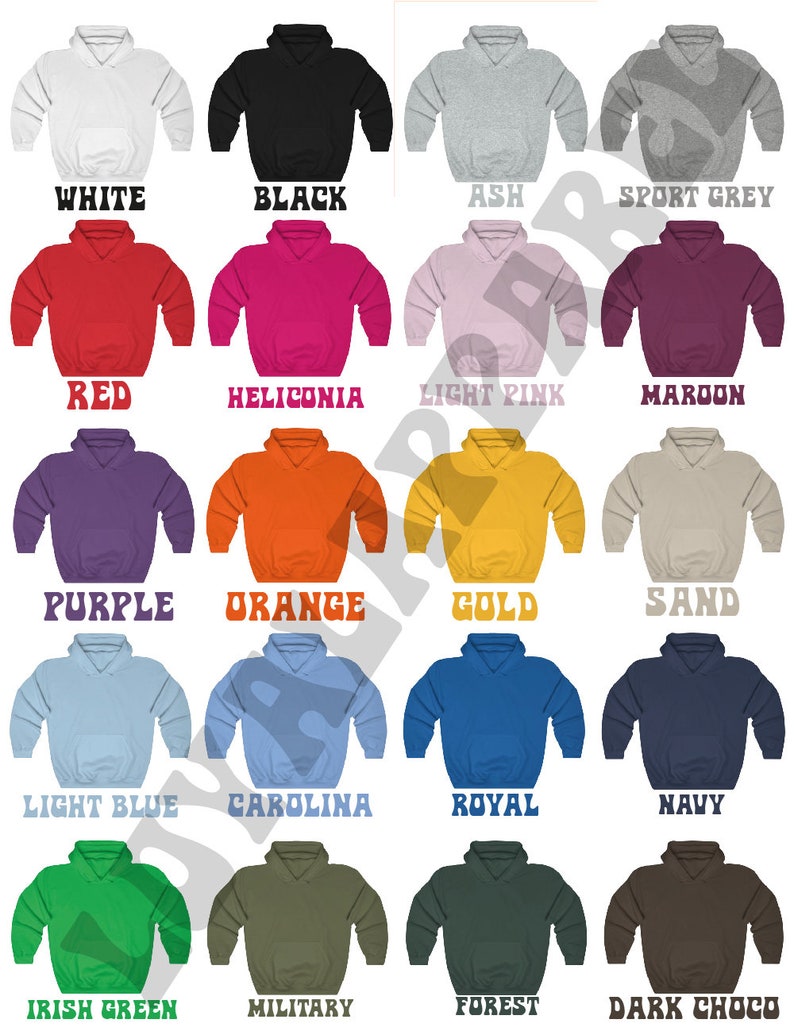 May include: A selection of 18 different colored hoodies. The hoodies are all the same style, with a drawstring hood and a kangaroo pocket. The colors include white, black, ash, sport grey, red, heliconia, light pink, maroon, purple, orange, gold, sand, light blue, carolina, royal, navy, Irish green, military, forest, and dark chocolate.
