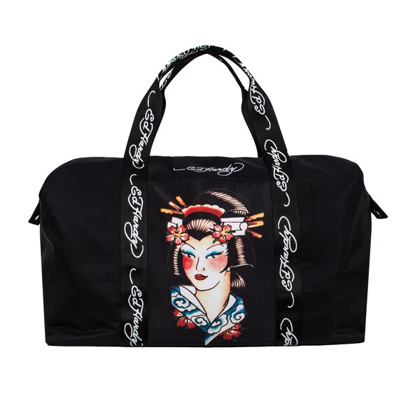 Ed Hardy Unisex Black/Black Geisha Tattoo Print Nylon Weekender Duffle Bag With Adjustable Shoulder Strap