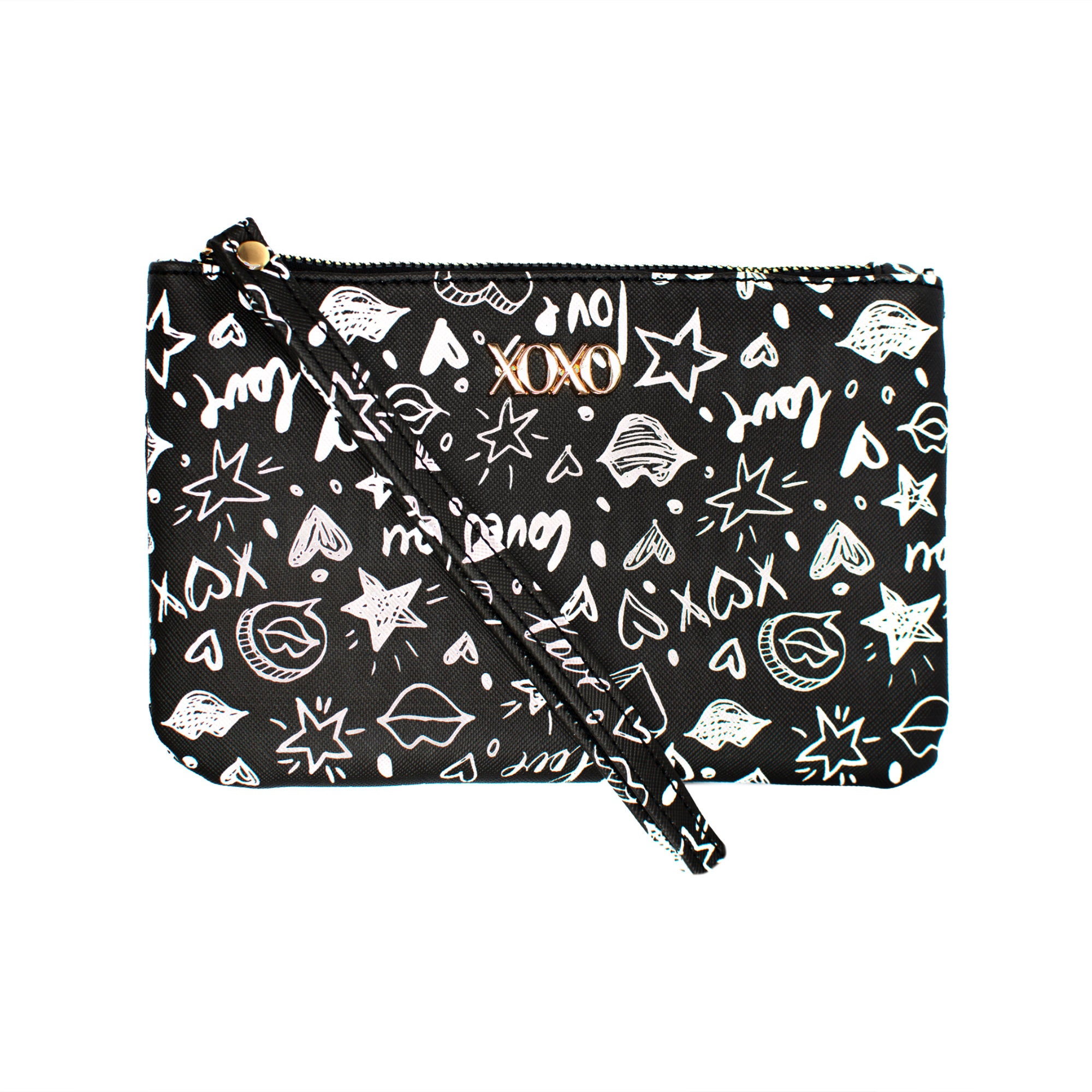 XOXO Women's Small Black Graffeti Print Saffiano Leather Zip Wallet  withChain & Wristlet 