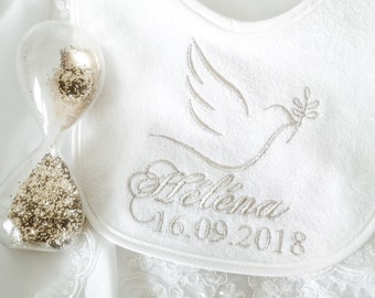 Christening bib with name for christening dress / baptism gown. Christening keepsake gift for godchild, goddaughter, godson. Custom baby bib