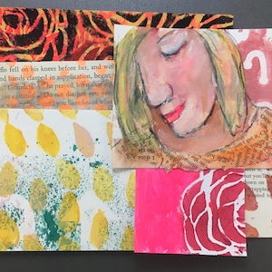 May include: A mixed media collage featuring a woman's face, a rose, and a pattern of yellow and green leaves. The text "Nuflo fell on his knees before her, and with and hands clasped in supplication, began Grandchhe prayed, his quiverin his agitatis Do not die just yet, you hot wholly the until you have heard what" is visible in the image.