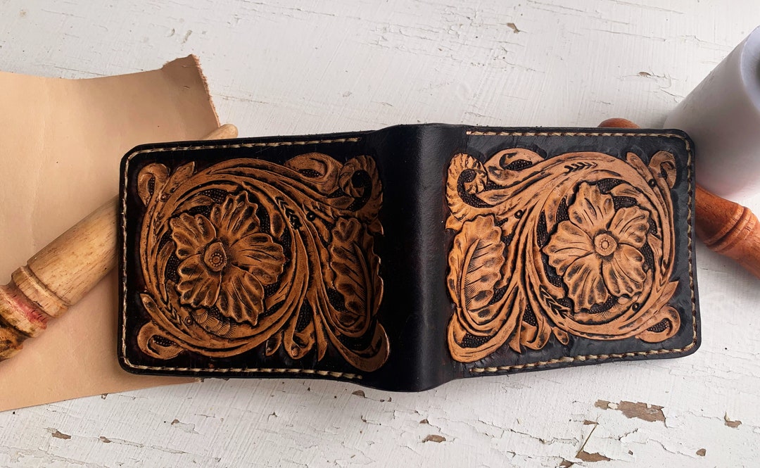 Genuine Tooled Leather Men's Bifold Wallet Two Tone Brown Etsy