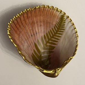 Large Atlantic Giant Cockle Seashell  | Handcrafted | Green Leaf Fern | Coastal North Carolina | Gold Leaf |  Home Decor | Trinket Tray