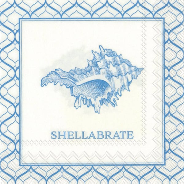 Set of 3 Blue Shellabrate Cocktail Napkins / Paper Decoupage Arts and Crafts / Seashell / Wood / Transfer Design / Scrapbook / Whelk Conch