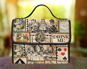 Vintage Stamp Alice in Wonderland Waterproof Canvas Purse. Womans Crossbody/Shoulder bag. Gift for Her