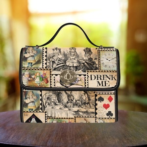 Vintage Briefmarken Alice im Wunderland Wasserdichte Canvas Geldbörse. Damen Umhängetasche/Schultertasche. Geschenk für Sie