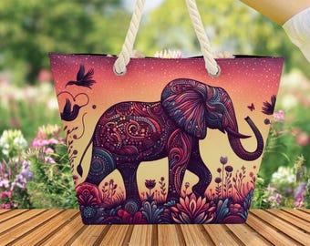 Bohemian Elephant Tote Bag: Hemp Rope Handle, Zippered Boho