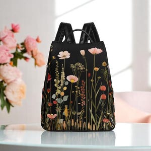 Midnight Bloom Travel PU Daypack Anti-Diebstahl-Rucksack. Reiserucksack. Blumen Rucksack