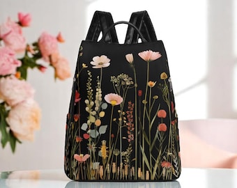 Midnight Bloom: Mochila antirrobo – Mochila de viaje de piel vegana o lona, Colección Botanical Muse