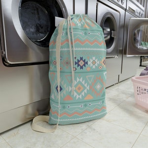 Boho Tribal Laundry Bag with Strap. Drawstring Laundry Bag. Canvas. Gift for her. Custom laundry bag.