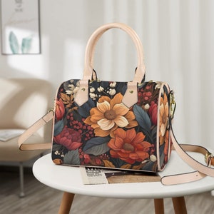 Bolso Boston de cuero Autumn Bloom. Bolso de mano de cuero sintético resistente al agua, asa superior de cuero vegano, bandolera, bolso de hombro.