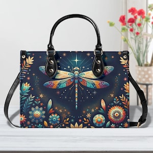 Bolso de mano con diseño de libélula celestial. Bolso de mano de piel sintética con múltiples bolsillos. Monedero cuadrado de piel vegana. Bolso bandolera