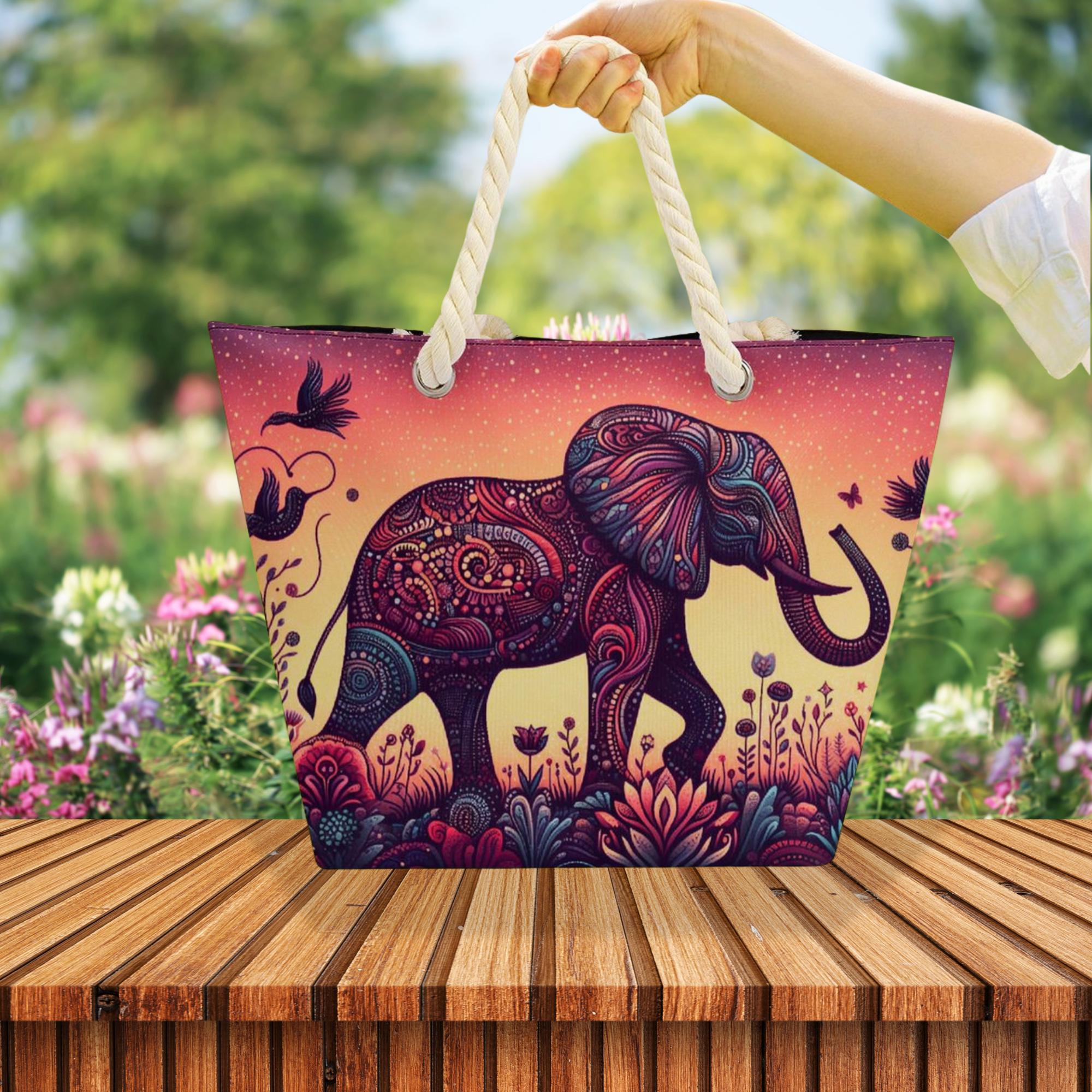 Bohemian Elephant Tote Bag: Hemp Rope Handle, Zippered Boho