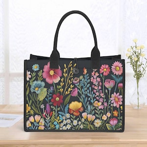 Flora Noir Canvas Tote Bag: All-Over Floral Print