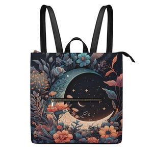 Boho Moon Garden Wasserdichter PU-Leder-Rucksack für Damen, diebstahlsichere Schultasche. Rucksack mit Reißverschluss. Geschenkidee. Himmlischer Rucksack