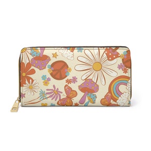 Carteira divertida com estampa de flores hippie dos anos 70. Carteira com zíper. Carteira feminina - Bolsa de mão - Presente para ela - Carteira de couro - Carteira dobrável - Bolsa de mão dos anos 70